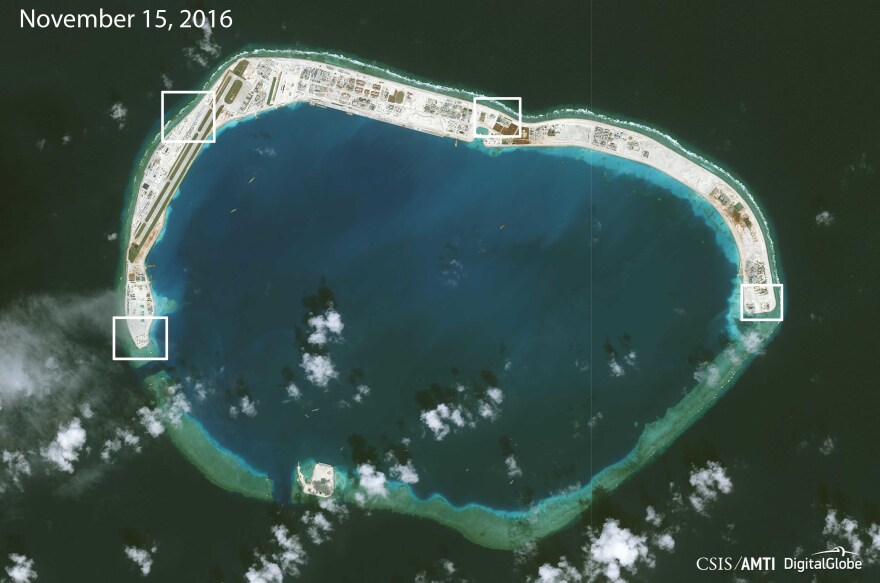 Highlighting new areas of Chinese construction on Mischief Reef, a monitoring group says that in addition to an airstrip, the artificial island will likely be outfitted with large anti-aircraft guns and a cruise missile defense system.