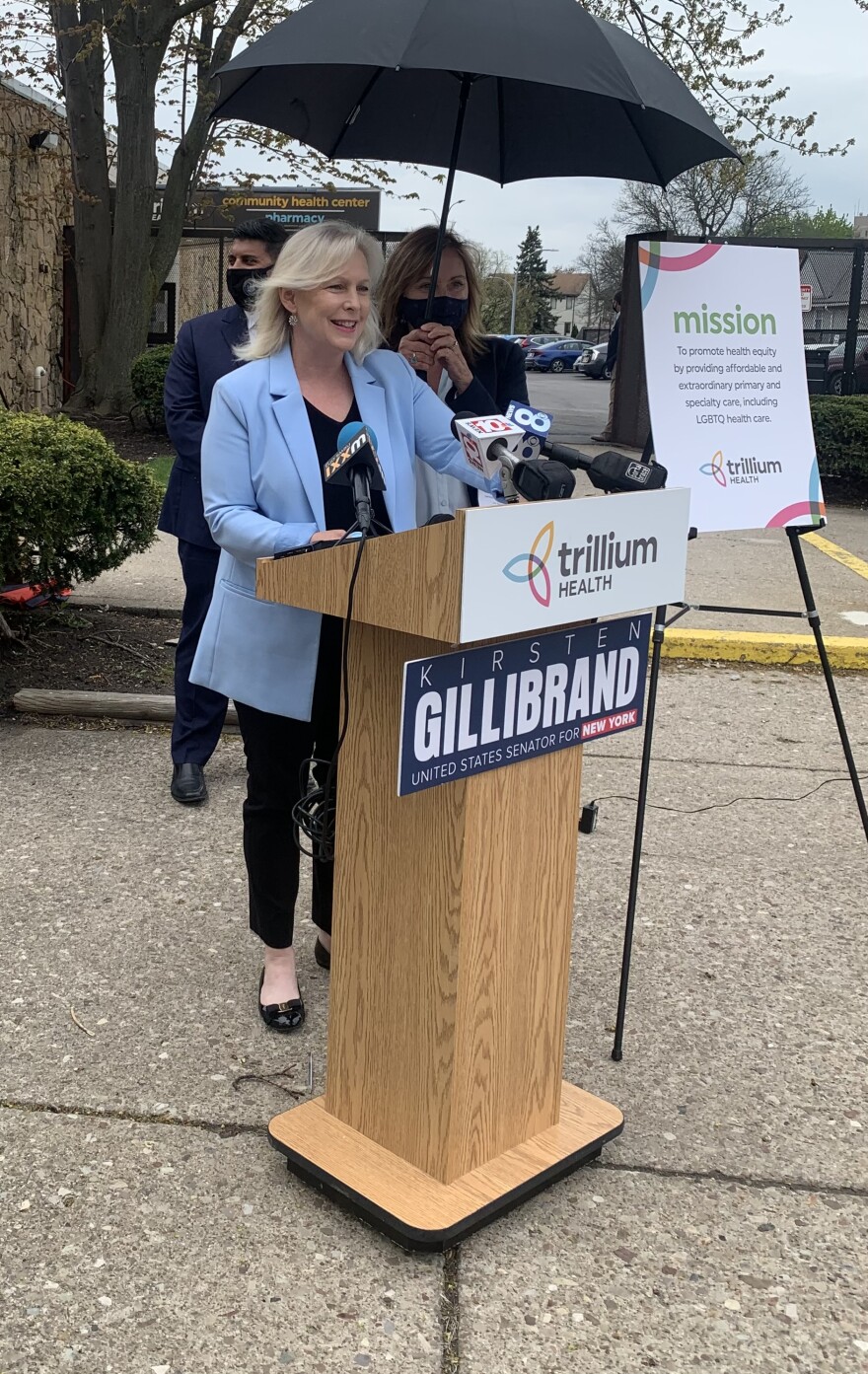 Senator Kirsten Gillibrand makes announcement outside Trillium Health in downtown Rochester.