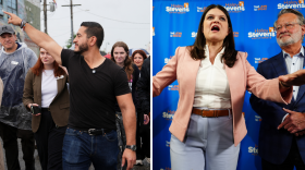 Split image shows Abdul El-Sayed pointing to his right while walking in a crows of people. Image of Haley Stevens in front of a blue walk and repeat with her arms spread. Sen. Gary Peters stands next to her
