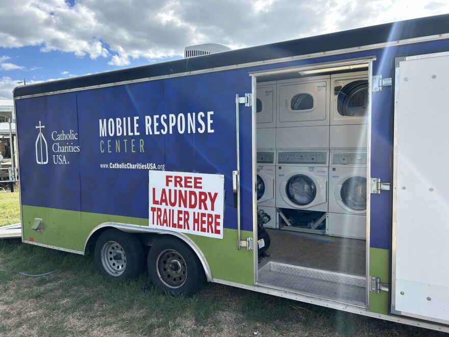 A mobile response center trailer with washers and dryers inside