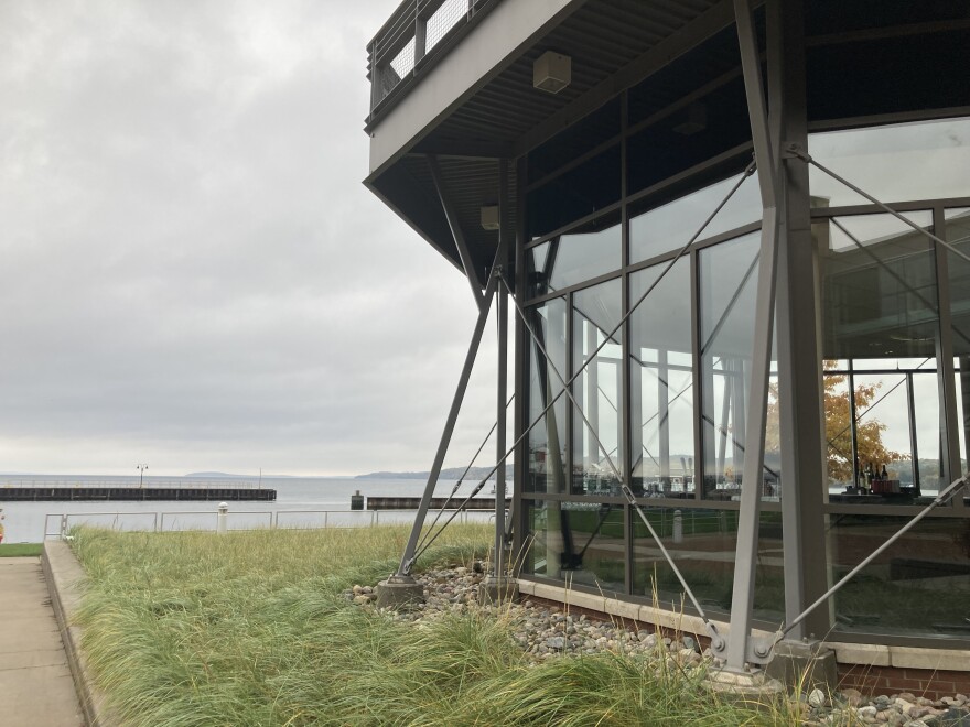 The view of Grand Traverse Bay from the Hagerty Center at Northwestern Michigan College, where freshwater professionals gathered last week to discuss the health and future of freshwater in the Great Lakes region. (Photo: Ellie Katz/IPR News)