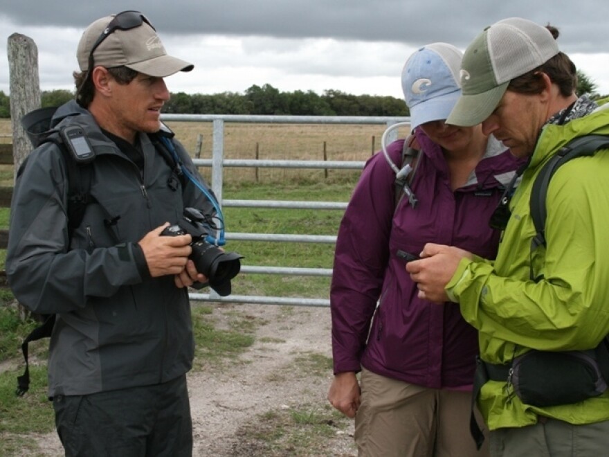 Expedition members Carlton Ward Jr., left, Mallory Lykes Dimmitt and Joe Guthrie at Adams Ranch in Central Florida.