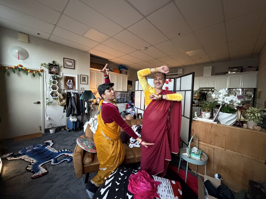 Raj Krishna, also known as Bindi Masala, and Jason Sharma, also known as Chai Auntea, rehearsing there dance number in Krishna's Oakland Apartment, May 2026
