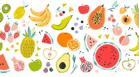 Fruit collection in flat hand drawn style, illustrations set. Tropical fruit and graphic design elements. Ingredients color cliparts. Sketch style smoothie or juice ingredients. Isolated scandinavian cartoon items.