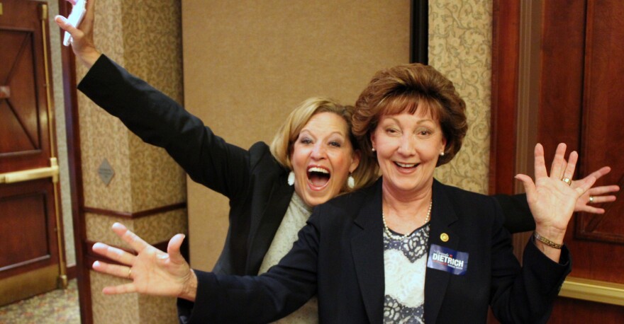 Republican Senator Vicki Schmidt (left) and Republican Representative-elect Brenda Dietrich celebrate their victories at a party in Topeka. (Photo by Stephen Koranda)