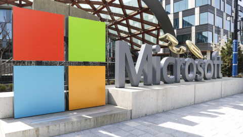 A Microsoft sign and logo are pictured at the company's headquarters