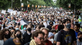 Protesters participate in a pro-Palestinian walkout and demonstration on the UT Austin campus Wednesday.
