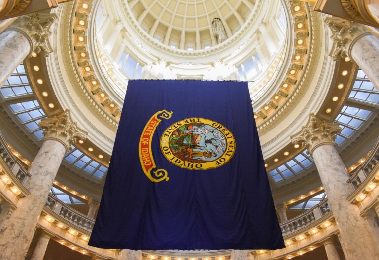 The Idaho State Flag hanging inside the Statehouse Rotunda. 