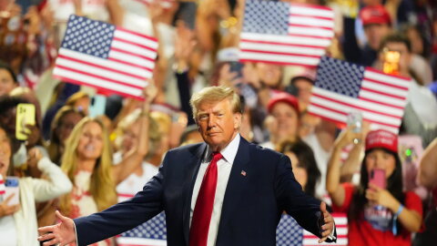 President Donald Trump greets supporters as he arrives on the stage at the Republican convention Thursday, Sept. 10, 2026, in Dallas.