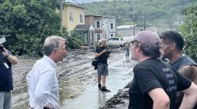 Vermont Governor Phil Scott tours flood damage in Barre on July 12, 2023