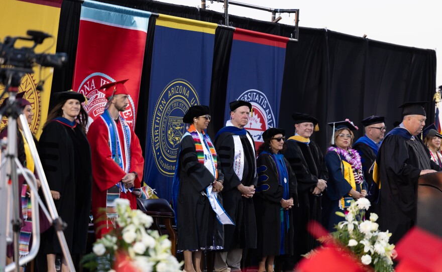 This commencement was the last ceremony overseen by Dr. Daniel Corr (center, back) as president. Next time, it'll be led by incoming president Dr. Reetika Dhawan.
