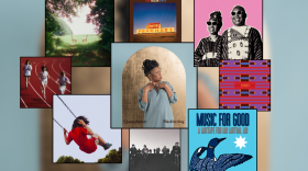A collage of artwork for 5 albums and 4 singles over a blue hazy background. The middle artwork is the largest, a woman wearing a blue dress. In each corner are four smaller artworks: top left is two chairs in a field, top right is a woman and man with sunglasses and a pink background, bottom left is a person in a red dress swinging on a swingset, bottom right is a loon with a white star. There are four more even smaller artworks: top middle is a blue sky and sign that says "Peaches," middle left is three people running on a running track, middle right is a red, purple, maroon and orange pattern, bottom middle is a black and white photo of four people biking towards the camera. 