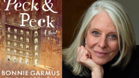 The cover of "Peck & Peck" beside author Bonnie Garmus. (Courtesy of Bonnie Garmus)