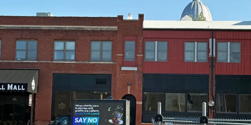 A billboard truck urges lawmakers to “say no to 340B abuse” as it makes its rounds in the neighborhood surrounding the Illinois State Capitol.