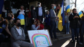 Community members gather on Feb. 28 for the "Stand with Ukraine" rally in downtown Athens, Georgia.