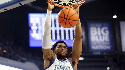 Kentucky's Mouhamed Dioubate dunks during the first half of an NCAA college basketball game against Eastern Illinois in Lexington, Ky., Friday, Nov. 14, 2025. (AP Photo/James Crisp)