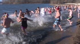 Around 10 a.m. a man in a polar bear suit led the plungers screaming and laughing into the waters of Lake Monroe.