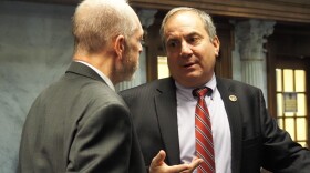Sen. Mike Bohacek, right, talks to Sen Greg Walker, R-Columbus, on the Senate floor on Jan. 23, 2025.