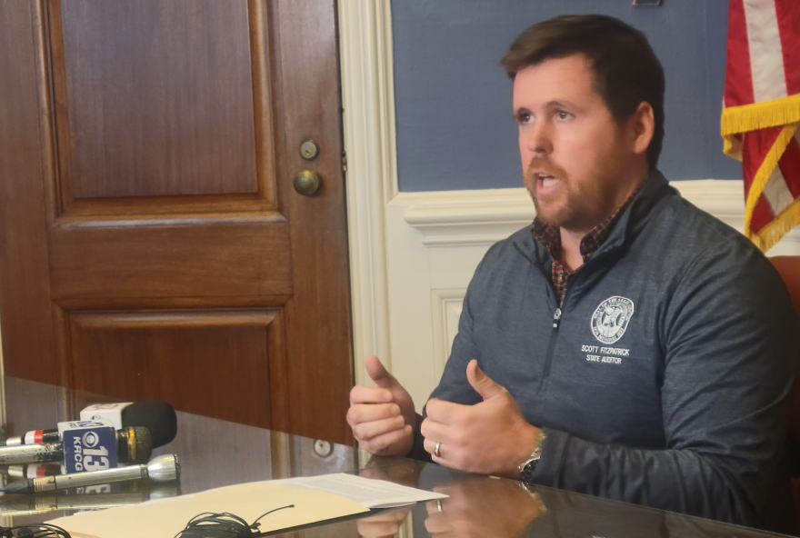 Missouri Auditor Scott Fitzpatrick on Monday forecast the state will burn through the rest of its general revenue surplus by June 2028 unless spending increases slow. He is shown speaking to reporters during a Jan. 23, 2024, news conference. (Jason Hancock/Missouri Independent).