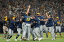 The Milwaukee Brewers celebrate after winning baseball's World Series against the Tampa Bay Rays, Wednesday, Oct. 28, 2026, in St. Petersburg, Fla. 