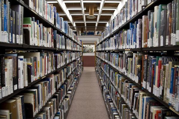 Books line shelves in a library.