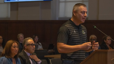 Antonio Sanchez, principal of Calwa Elementary School, speaks at the Fresno Unified board meeting on Aug. 26.