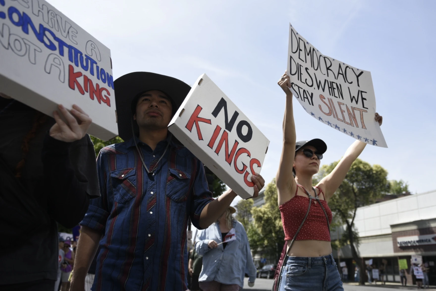 Protestors at the No Kings demonstration in Chico, Calif. on June 14, 2025.