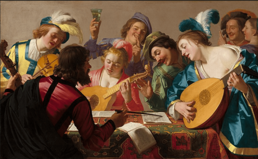 Renaissance painting of people gathered around a table.