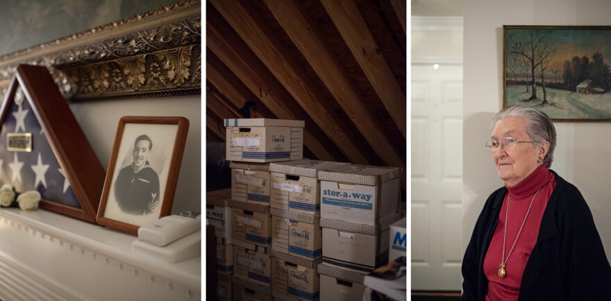 Relics from Nat Schnurman's activism still decorate the family home where his wife, Joy (pictured, far right), lives. Boxes of medical records — his and those of other veterans — fill the attic, along with handwritten notes and appeals to the VA.