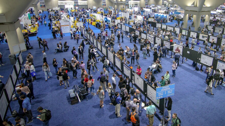 A poster session at the 2018 annual meeting of the Society for Neuroscience stretches on for row after row after row.