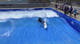 Ikaika Kaulukukui surfs at the Wai Kai wave pool on Oʻahu on May 9, 2023.