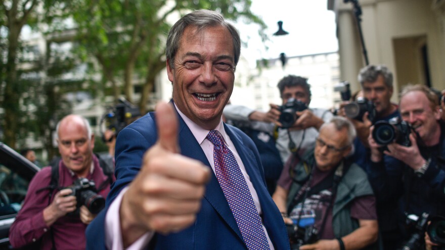Brexit Party leader Nigel Farage arrives at a Brexit party on Monday in London.