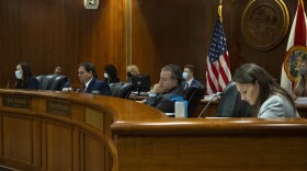 The Clemency Board members, Ashley Moody, Ron DeSantis, Jimmy Patronis and Nikki Fried are seen at the Tallahassee Capitol building on Wednesday, Sept. 23, 2020. Even though this hearing usually happens quarterly, this was the first Clemency Hearing this year. (Emily Felts/Fresh Take Florida)