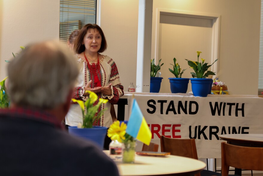 Vice President of Ukrainian-Americans in New Mexico Larysa Castillo address the audience gathered on Wednesday, April 26th, 2023