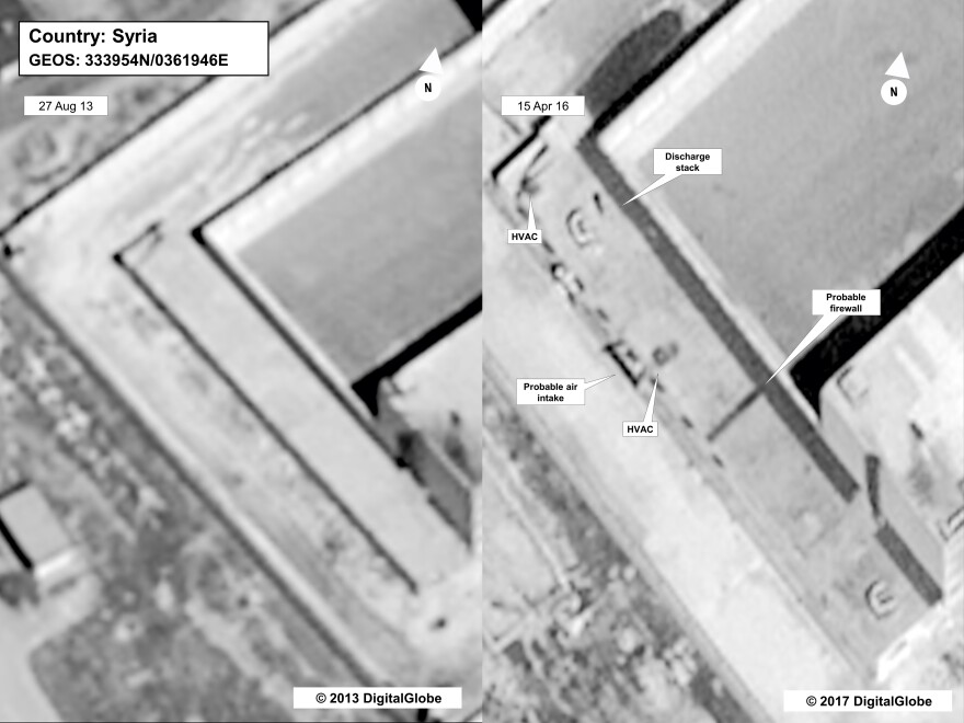 This satellite image depicts the same section of the Saydnaya facility in 2013 (left) and in 2016. "If you look at the earliest photo," Jones said, "this is during the construction phase." He says construction on the alleged crematorium was finished by 2015.