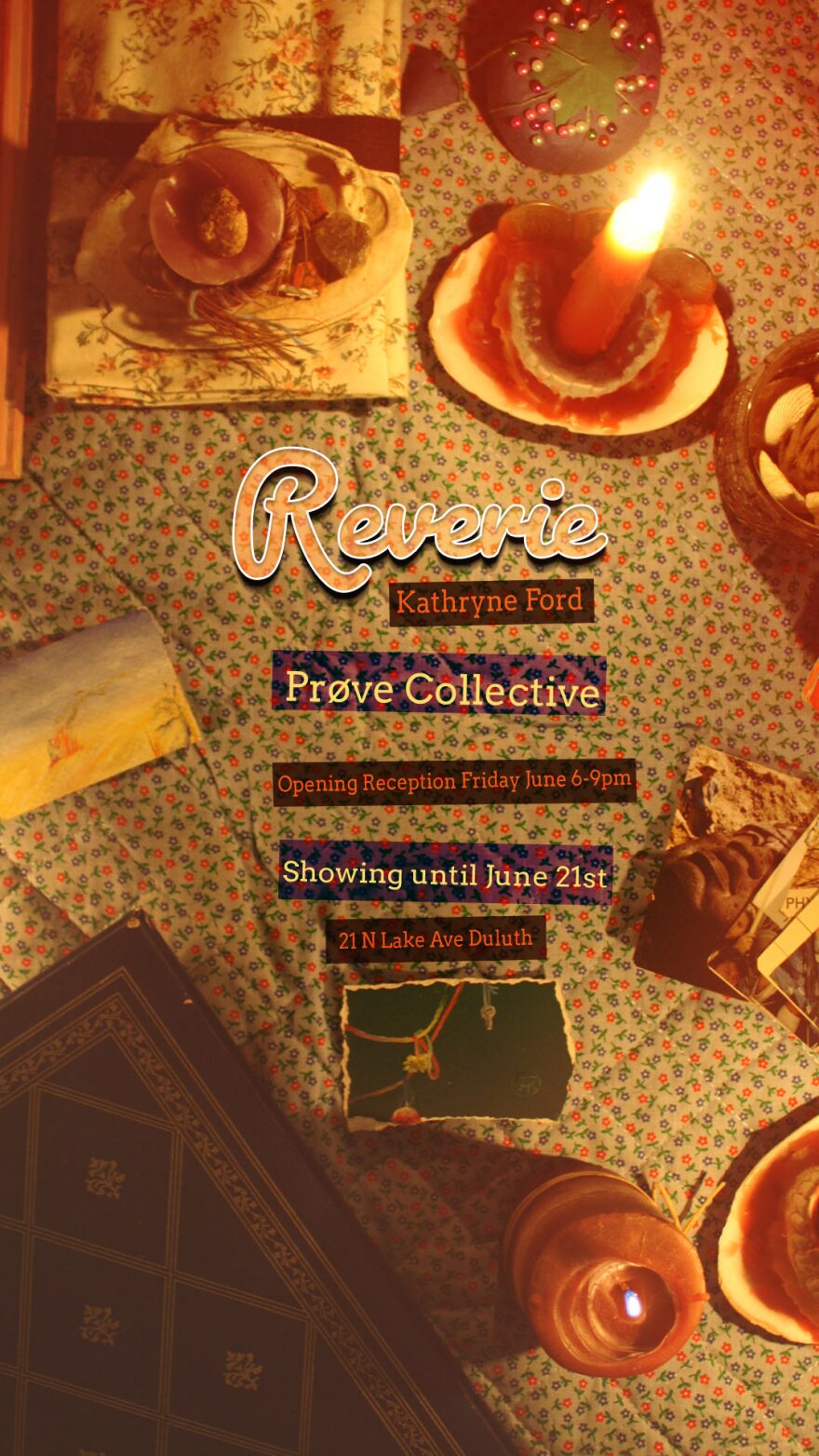 Overhead image of a candlelit table setting, poster for "Reverie" an art exhibit by Kathryne Ford at Prøve Gallery