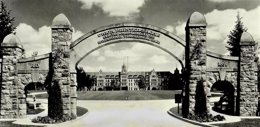 Front of the Union Printers Home in Colorado Springs through the archway