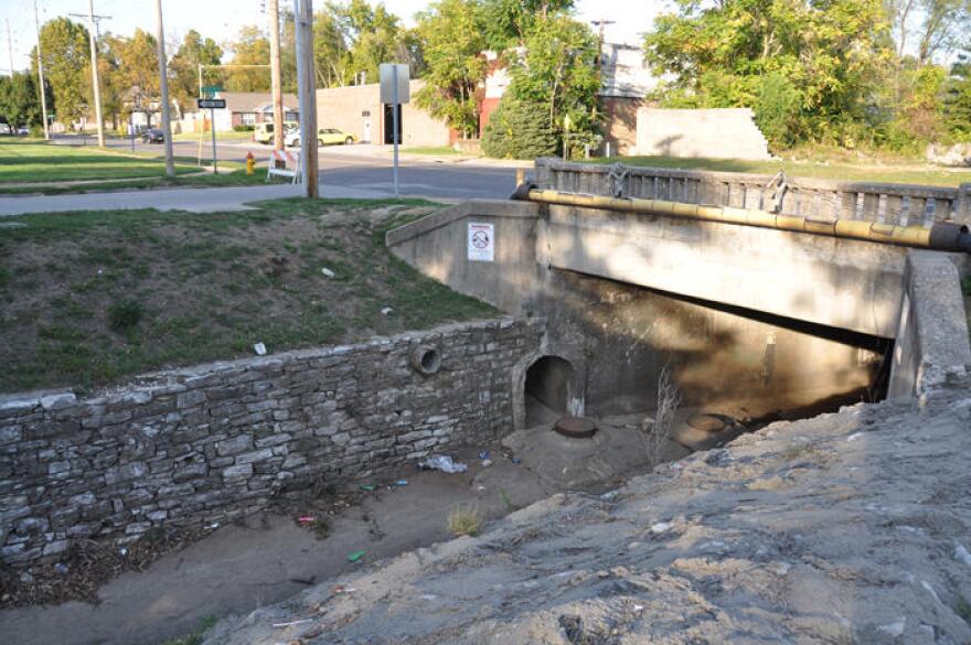 This combined sewer overflow (archway in channel) discharges sewage and rain water into the upper River Des Peres, on Ferguson Ave. just south of Melrose Ave. in University City.