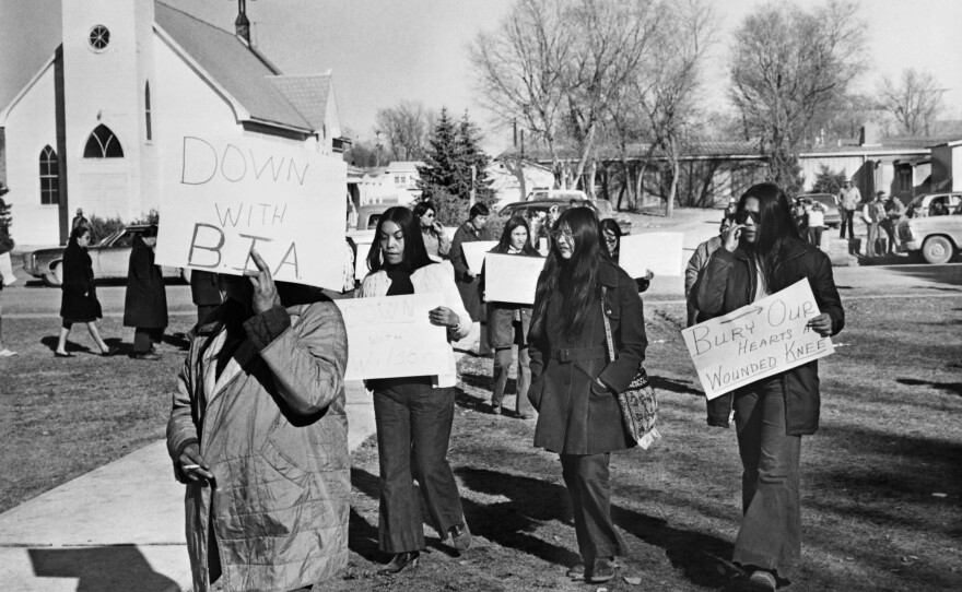Native American women demonstrate in 1973 on the Pine Ridge Indian Reservation in South Dakota, where roughly 200 American Indians occupied the town of Wounded Knee for the rights of indigenous people.