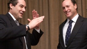 Primedia chairman and CEO Tom Rogers, left, talks with Steven Brill after a New York news conference announcing Brill as the chariman and CEO of a new subsidiary, Media Central, Thursday, Jan. 4, 2001. magazine publisher Primedia Inc.