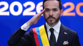 FILE - Colombia's President Abelardo de la Espriella salutes after taking the oath of office in Cali, Colombia, Aug. 7, 2026.