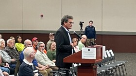 Vanderburgh County Commissioner Mike Goebel speaks at an IURC listening session in Evansville, IN, April 7, 2026