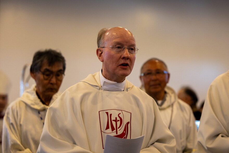 Father Rich Magner, one of the two remaining Jesuit priests in Alaska, attends a ceremony in Bethel.