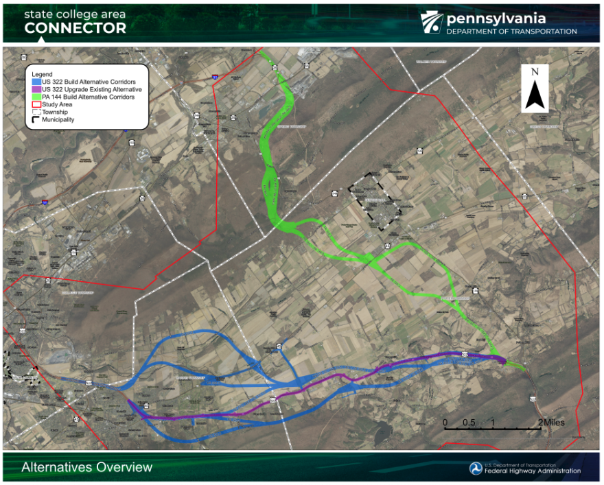 This map from PennDOT shows the options under consideration for upgrading or replacing a section of U.S. Route 322.
