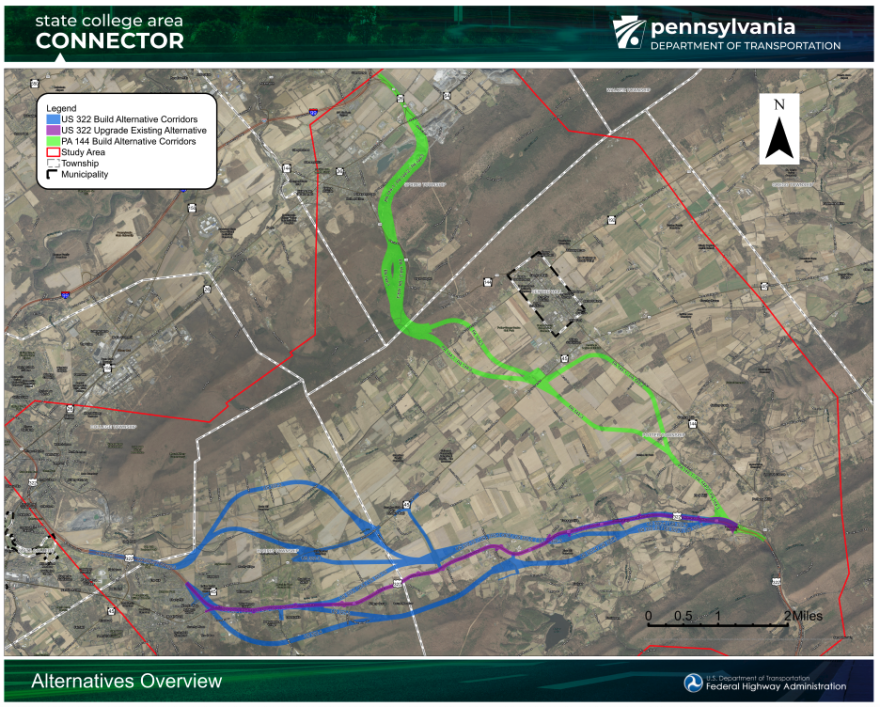  This map from PennDOT shows the options under consideration for upgrading or replacing a section of U.S. Route 322.