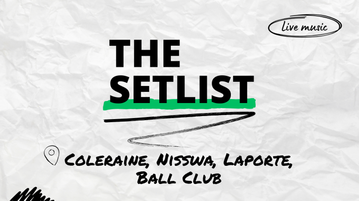 "The Setlist" and "Coleraine, Nisswa, Laporte, Ball Club" written over a crumpled paper background.