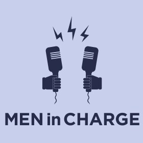 Two hands, each holding a microphone, with "Men in Charge" below them.
