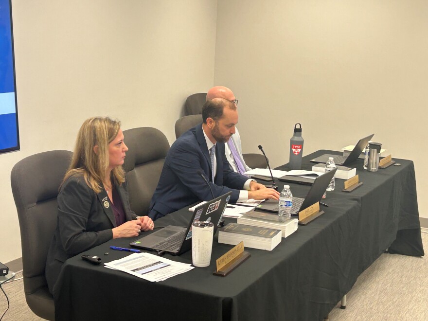 On Tuesday, Nov. 26, 2024, Karen Brinson Bell, executive director of the North Carolina State Board of Elections, addresses the five appointed members of the bipartisan board, ahead of the state's canvass of the 2024 General Election. She's accompanied by, from left to right, Paul Cox, the elections board's general counsel, and Associate General Counsel Adam Steele.