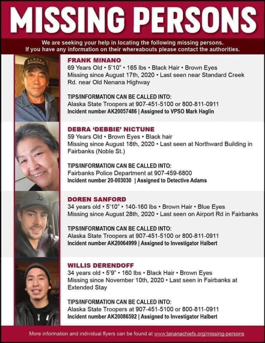 Poster with information about the 4 Alaska Native People who went missing in the Fairbanks area in 2020.