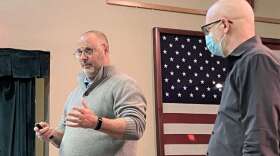 Health Department Administrator Mark Lander speaks to the Marion County Commission Tuesday as Medical Director Dr. Keith Singer looks on. Photo: Joe Byrnes